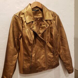 Baccini Bronze Gold Faux Leather Moto Biker Jacket Womens Large